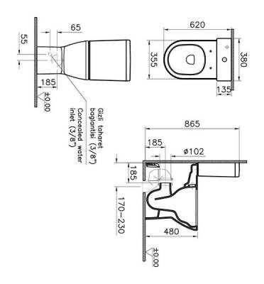 VitrA Integra Takım klozet 7093B003-0610 Rim-ex - duvara tam dayalı - özel ihtiyaç - 62 cm - taharet borulu - taharet borusu girişi sıva altı uygulamalı - beyaz - 2