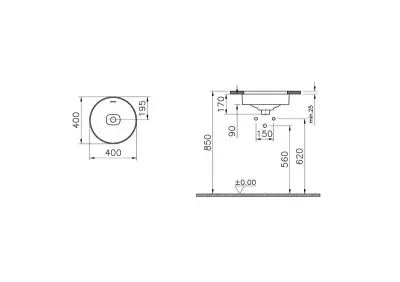 VitrA Metropole Tezgahaltı lavabo 7532B001-1082 Yuvarlak - 40x40 cm - armatür deliksiz - su taşma delikli - mat beyaz - 2