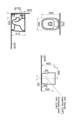 VitrA Plural Yerden klozet 7815B401-0090 Rim-ex - duvara tam dayalı - 55 cm - taharet borulu - taharet borusu girişi sıva altı uygulamalı - Clean - mat beyaz - 2