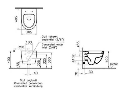 VitrA Sento Asma klozet 4337B003-0559 Gizli montajlı - kompakt - 50 cm - taharet borulu - taharet borusu girişi sıva altı uygulamalı - beyaz - 2
