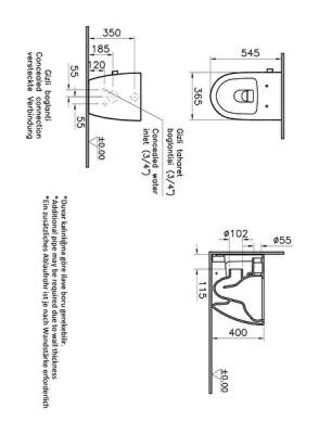 VitrA Sento Yerden klozet 7985B003-7200 Rim-ex - duvara tam dayalı - 54 cm - taharet borulu - entegre musluklu - beyaz - 2