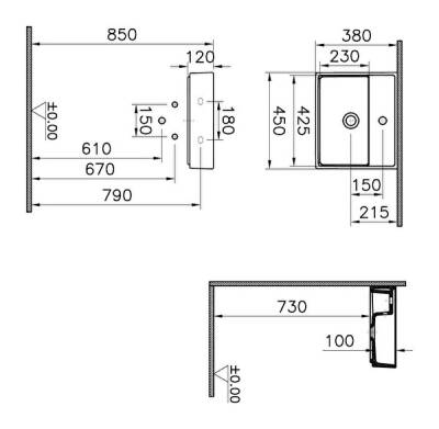 VitrA ArchiPlan Lavabo 7400B003-0001 Dikdörtgen - kompakt - 45x38 cm - tek armatür delikli - su taşma delikli - beyaz - 3