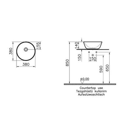 VitrA Geo Çanak Lavabo 7421B001-0016 Yuvarlak - Kompakt - 40x38 cm - Armatür Deliksiz - Su Taşma Deliksiz - Mat Beyaz - 2