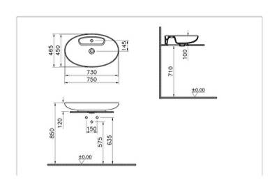 Artema Memoria Çanak lavabo 5881B401-0563 Oval - 75x47 cm - tek armatür delikli - su taşma deliksiz - Clean - mat beyaz - 3