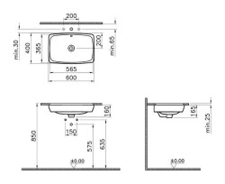 VitrA Metropole Tezgahaltı lavabo 5668B003-1082 Dikdörtgen - 60x40 cm - armatür deliksiz - su taşma delikli - beyaz - 4