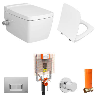 VitrA Metropole Rim-Ex VitrAfresh Entegre Ara Musluklu Asma Klozet ve Slim Soft Kapak Seti - Beyaz - 1
