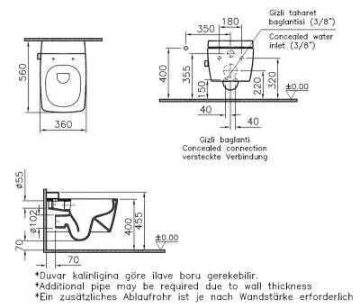 VitrA Metropole Rim-Ex VitrAfresh Entegre Ara Musluklu Asma Klozet ve Slim Soft Kapak Takımı - Beyaz - 3