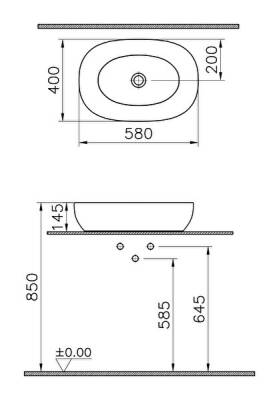 VitrA Outline Çanak lavabo 5995B403-0016 Oval - 60x40 cm - armatür deliksiz - su taşma deliksiz - Clean - beyaz - 3