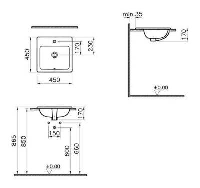 VitrA S20 Tezgahüstü lavabo 5463B003-0001 Dikdörtgen - kompakt - 45x45 cm - tek armatür delikli - su taşma delikli - beyaz - 2