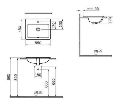 VitrA S20 Tezgahüstü lavabo 5465B003-0001 Dikdörtgen - 55x45 cm - tek armatür delikli - su taşma delikli - beyaz - 3