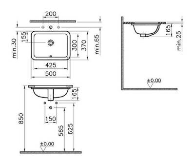 VitrA S20 Tezgahaltı lavabo 5474B003-0618 Dikdörtgen - kompakt - 50x37 cm - armatür deliksiz - su taşma delikli - beyaz - 2