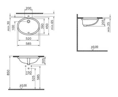 VitrA S20 Tezgahaltı lavabo 6069B003-0012 Oval - 60x45 cm - armatür deliksiz - su taşma delikli - beyaz - 2