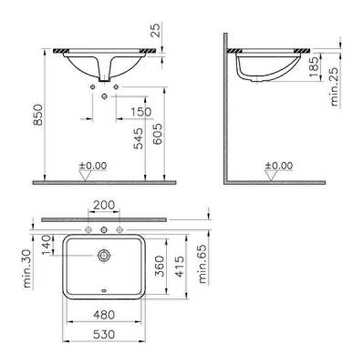 VitrA S20 Tezgahaltı lavabo 5339B003-0012 Dikdörtgen - 55x42 cm - armatür deliksiz - su taşma delikli - beyaz - 3