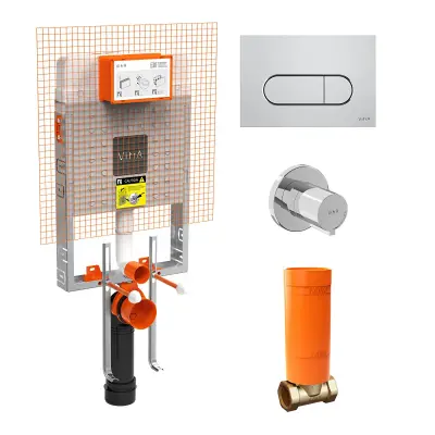 VitrA V8 Gömme Rezervuar Seti 800-2027 Asma - ince metal ayaklı set (parlak panel - stop valf) (768-1851-01+740-2280+A41461GR+A41441 - 1