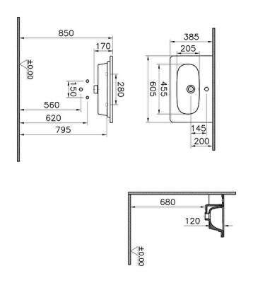 VitrA Zentrum Etajerli lavabo 7790B003-0001 Dikdörtgen - kompakt - 60x38 cm - tek armatür delikli - su taşma delikli - beyaz - 3